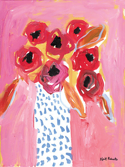Kait Roberts KR915 - KR915 - Joyful Melody - 12x16 red flowers, pink background, white spotted vase, bold floral still life, contemporary bouquet, modern pop floral, painterly texture, expressive petals, decorative wall art, feminine decor, cheerful floral painting, bright statement piece from Penny Lane