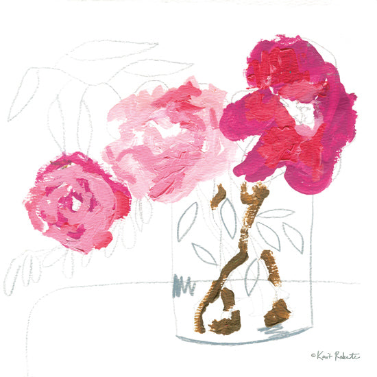 Kait Roberts KR919 - KR919 - Springtime - 12x12 minimal floral print, pink flowers, simple glass vase, line art bouquet, modern botanical sketch, monochromatic pink palette, airy composition, feminine wall decor, contemporary floral drawing, delicate stems, minimalist still life, hand drawn petals, soft modern artwork, elegant floral silhouette, clean white background, chic floral illustration from Penny Lane