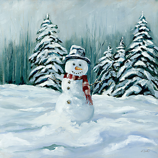 Kate Sherrill KS307 - KS307 - Frist Snowman of Winter - 12x12 snowman in snowy field, evergreen forest, winter landscape, red scarf, top hat, snow covered pine trees, whimsical snow scene, festive holiday art, frosty woodland, painterly brushwork, cheerful winter character from Penny Lane
