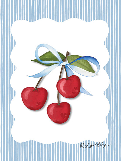Lisa Larson LAR695 - LAR695 - Cherry Love I - 12x16 cherries, blue ribbon bow, fruit illustration, light blue striped border, blank label frame, cute, whimsical, kitchen decor, gift tag style from Penny Lane