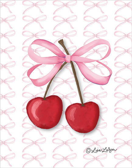 Lisa Larson LAR700 - LAR700 - Pink Coquette Cherries - 12x16 pink ribbon bow, watercolor cherries, red cherries, cute fruit illustration, girly bow, pastel pink background, repeating bow pattern, sweet summer fruit, nursery wall art, kitchen decor, hand painted watercolor, whimsical food art from Penny Lane