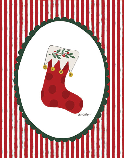 Lisa Larson LAR704 - LAR704 - Festive Delights Stocking - 12x16 holidays & seasonal, backgrounds & patterns, botanical, symbols & icons, christmas, greenery, christmas stocking, holly, berries, bells, polka dots, stripes, oval, decorative, whimsical, digital illustration, red from Penny Lane