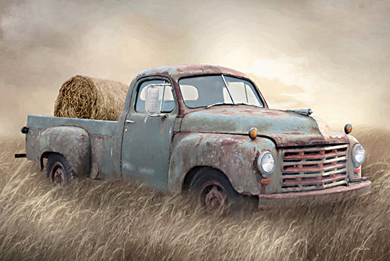 Lori Deiter LD3178 - LD3178 - Studebaker on the Farm - 18x12 vintage pickup truck, old farm truck, rusty truck, weathered paint, teal green truck, hay bale, round hay bale, hay field, tall grass, rural countryside, farmland, harvest season, golden hour, sunrise, soft light, pastoral scene, nostalgic, americana, rustic, country decor, transportation, farm life, landscape, painterly, brush strokes from Penny Lane