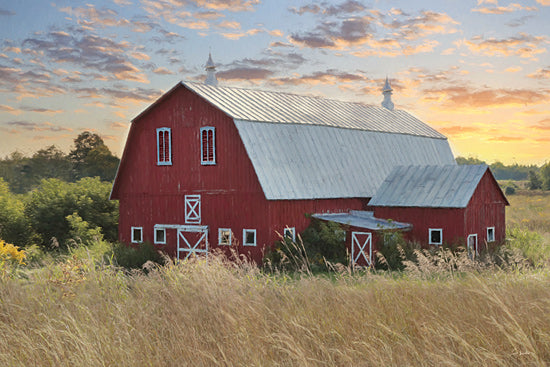 Lori Deiter LD3504 - LD3504 - Rustic Charm - 18x12 red barn, classic barn, country barn, sunset sky, golden hour, dramatic clouds, rural landscape, farmland, tall grass, autumn field, americana, rustic, farmhouse style, country scene, landscape, nature, trees, painterly, brush strokes, seasonal from Penny Lane