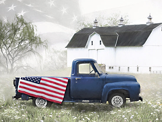 Lori Deiter LD3509 - LD3509 - Country Patriotic Pride - 16x12 Photography, Farm, Barn, White Barn, Truck, Blue Truck, American Flag, Independence Day, July 4th, Patriotic, Wildflowers, Country from Penny Lane