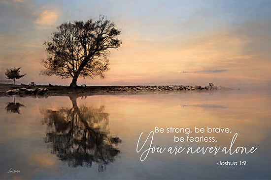 Lori Deiter LD3584 - LD3584 - You are Never Alone - 18x12 lakeside sunset, calm water reflection, lone tree silhouette, inspirational quote, Joshua 1:9, pastel sky, peaceful lake, serene, faith, encouragement, typography overlay, modern rustic from Penny Lane