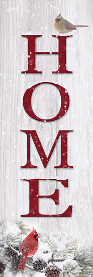 Lori Deiter LD3687 - LD3687 - Winter Home with Cardinals Sign   - 12x36 vertical home sign with cardinals, red letters on whitewashed wood, snowy pinecones, winter farmhouse decor, bird accent, rustic holiday sign, seasonal typography, modern farmhouse wall art, festive home decor from Penny Lane
