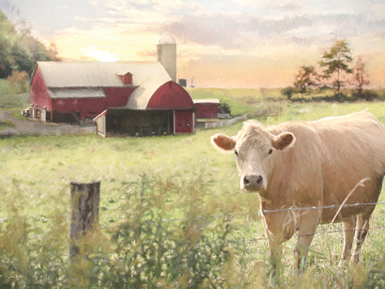 Lori Deiter LD3707 - LD3707 - Sunset in the Country - 16x12 cow in pasture, red barn, rural farm, sunset light, country landscape, farm animal, green field, fence line, rustic Americana, peaceful countryside, painterly texture from Penny Lane