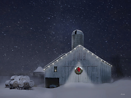 Lori Deiter LD3767 - LD3767 - Starry Night in December - 16x12 barn at night, starry sky, snowy landscape, Christmas wreath, holiday lights, serene winter night, rustic farm scene, festive tranquility from Penny Lane