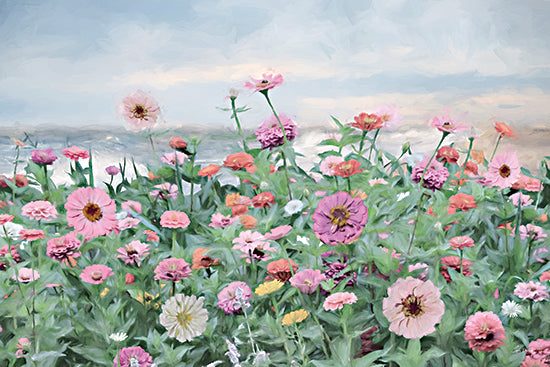 Lori Deiter LD3806 - LD3806 - Seaside Zinnias II - 12x16 gray barn, winter wagon, holiday wreath, falling snow, rustic farm, country Christmas, bare tree, snowy landscape, festive rural scene, weathered wood, pastoral winter, farmhouse decor, painterly snowfall, nostalgic holiday art from Penny Lane