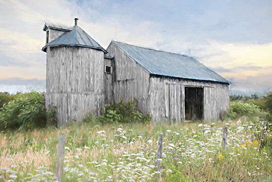 Lori Deiter LD3892 - LD3892 - Feeling the Country Blues - 18x12 weathered shed, rustic barn, gray wooden building, open barn door, wildflower field, rural countryside, painterly texture, soft light, farmhouse scene, meadow grasses, country landscape, vintage farm structure, serene outdoors, modern farmhouse decor, pastoral from Penny Lane