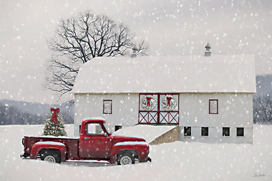 Lori Deiter LD3895 - LD3895 - Snowy Day Surprise - 18x12 red truck, Christmas tree, snowfall, white barn, holiday wreaths, country winter, vintage style, festive decor from Penny Lane