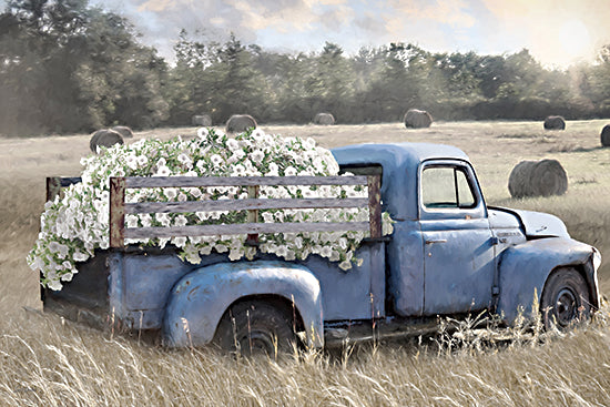 Lori Deiter LD3916 - LD3916 - Vintage Vibes - 18x12 vintage blue pickup truck, flower truck, white blossoms, hay bales, farm field, rustic fence, countryside, summer harvest, rural landscape, old truck, nostalgic, pastoral, painterly, americana from Penny Lane