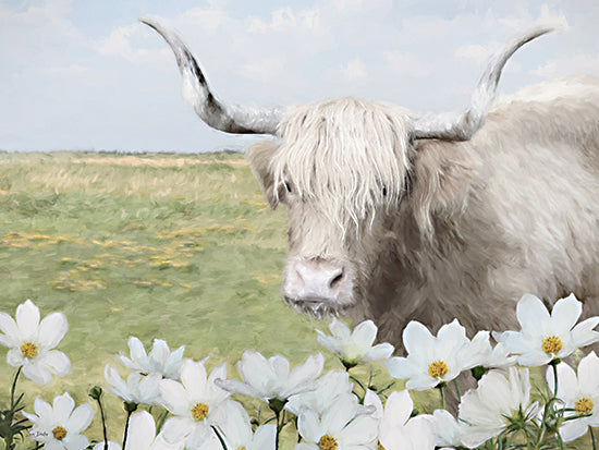 Lori Deiter LD3924 - LD3924 - Farm Fresh Flowers - 16x12 highland cow, long horns, shaggy hair, white flowers, green pasture, farm animal portrait, rustic countryside, spring meadow, gentle, whimsical farmhouse, painterly texture from Penny Lane