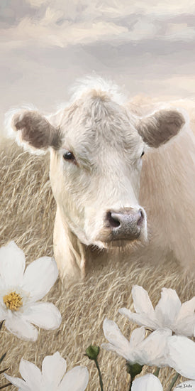 Lori Deiter LD3928 - LD3928 - Floral Cow Trio I - 9x18 close up white cow face, cow head portrait, farm animal, cattle, fluffy forehead, brown ears, soft focus, meadow grass, white flowers, daisies, neutral background, serene, painterly brush strokes, modern farmhouse, rustic country art from Penny Lane