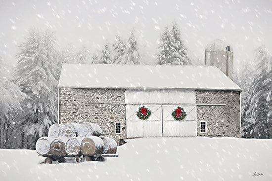 Lori Deiter LD3978 - LD3978 - Snowy Solitude - 18x12 stone barn, Christmas wreath, snow-covered hay bales, wintery forest, rustic barn scene, snowfall effect, farm in snow from Penny Lane