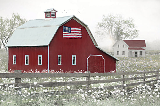 Lori Deiter LD3998 - LD3998 - Patriotic Countryside - 18x12 red barn, american flag, white farmhouse, wildflower field, rustic fence, patriotic farm scene, americana decor, spring meadow, soft painterly style, country landscape from Penny Lane
