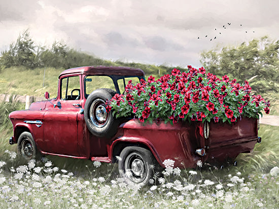 Lori Deiter LD4021 - LD4021 - Countryside Cargo   - 16x12 vintage pickup truck, classic truck, red truck, flower truck, truck bed full of flowers, petunias, summer blooms, country road, wildflowers, meadow, rural landscape, farmhouse style, countryside, transportation, spring, summer, painterly, soft focus, rustic, nostalgic, Americana, outdoor scene from Penny Lane