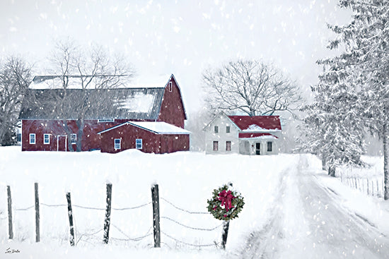Lori Deiter LD4032 - LD4032 - The Quiet of a Snowy Farm - 18x12 red barn in snow, farmhouse, wreath, winter landscape from Penny Lane