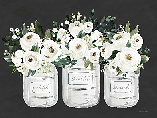 Lettered & Lined LET1075 - LET1075 - Thankful Flowers - 16x12 Still Life, Flowers, White Flowers, Jars, Inspirational, Grateful, Thankful, Blessed, Typography, Signs, Greenery, Black Background, Farmhouse/Country from Penny Lane