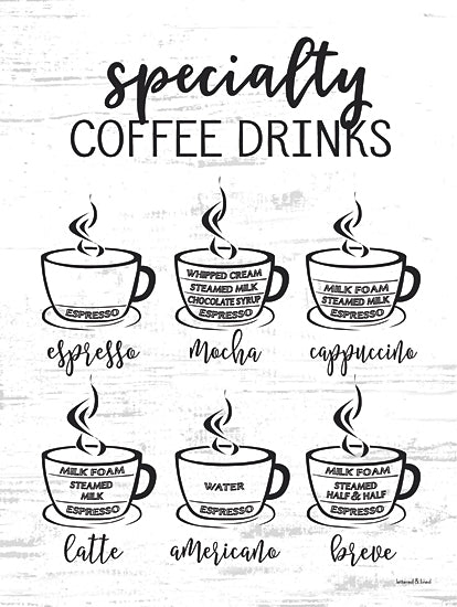 lettered & lined LET1158 - LET1158 - Specialty Coffee Drinks - 12x16 specialty coffee drinks chart, espresso mocha cappuccino latte americano breve, coffee bar wall art, kitchen decor, black and white illustration, farmhouse typography, modern farmhouse sign from Penny Lane
