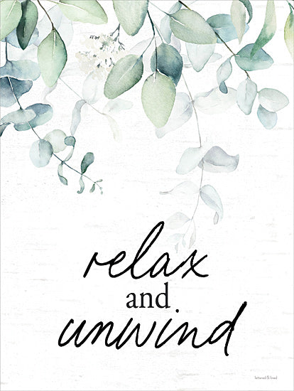 lettered & lined LET1207 - LET1207 - Relax and Unwind - 12x16 relax and unwind, inspirational quote, eucalyptus leaves, watercolor greenery, botanical wall art, spa decor, calming typography, modern farmhouse, neutral palette, self care theme, bathroom decor, soft green foliage, painterly brush strokes from Penny Lane