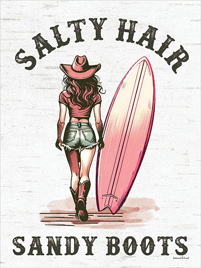 lettered & lined LET1286 - LET1286 - Salty Hair & Sandy Boots I - 12x16 woman walking, cowboy hat, surfboard, salty hair, sandy boots, beachwear, western beach fusion, vintage style, summer vibe, pink tones from Penny Lane