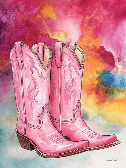 lettered & lined LET1301 - LET1301 - Pink Boots - 12x16 pair of pink cowboy boots, watercolor background, detailed stitching, fashion illustration, bold color splash, western theme from Penny Lane
