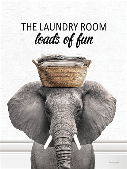 lettered & lined LET1332 - LET1332 - Loads of Fun Elephant - 12x16 the laundry room loads of fun, elephant carrying laundry basket, whimsical animal illustration, laundry room sign, farmhouse decor, humorous home quote, black mixed typography, white background, neutral palette, vertical wall art, playful laundry print, oversized animal portrait, lettered and lined from Penny Lane