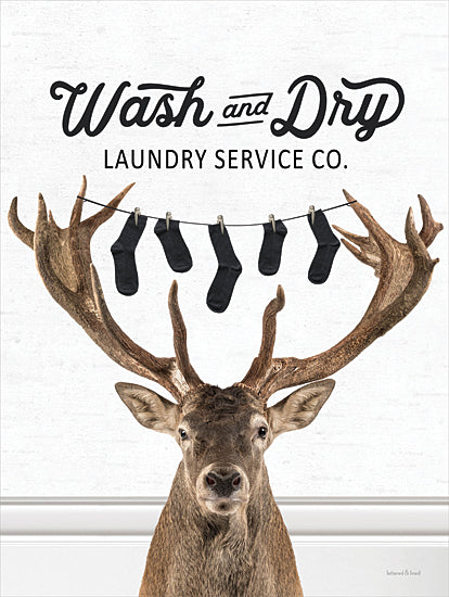 lettered & lined LET1333 - LET1333 - Wash and Dry Deer - 12x16 wash and dry laundry service co, stag deer portrait, antlers used as clothesline, hanging socks, humorous laundry artwork, farmhouse laundry room sign, black script and sans serif typography, white background, rustic lodge style, whimsical wildlife print, vertical poster, lettered and lined from Penny Lane