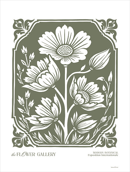 lettered & lined LET1349 - LET1349 - Flower Gallery Poster II - 12x16 the flower gallery poster, modern botanical exposition internationale, green and white floral illustration, art nouveau inspired frame, stylized blossoms and buds, decorative botanical wall art, elegant typography, vintage poster style, neutral background, feminine decor, minimalist palette, lettered and lined from Penny Lane