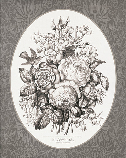 lettered & lined LET1373 - LET1373 - Vintage Flowers I   - 12x16 flowers, roses, bluebells, botanical illustration, black and white, vintage, nature, floral arrangement from Penny Lane
