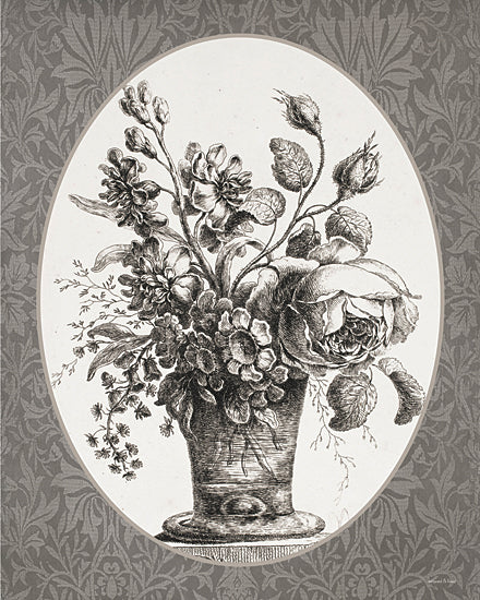 lettered & lined LET1374 - LET1374 - Vintage Flowers II - 12x16 black and white floral engraving, vintage bouquet in vase, oval medallion composition, antique botanical illustration, patterned wallpaper background, monochrome still life, detailed engraved flowers, classic decorative wall art, elegant neutral palette, Victorian style print, lettered and lined from Penny Lane