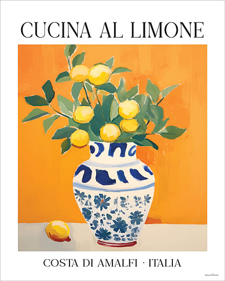 lettered & lined LET1413 - LET1413 - Cucina al Limone - 12x16 Cucina al Limone poster, lemons in blue vase, orange background, Italian kitchen art, Amalfi Coast decor from Penny Lane