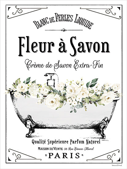 lettered & lined LET1437 - LET1437 - Fleur a Savon - 12x16 fleur a savon poster, french typography, vintage paris advertisement, clawfoot tub with flowers, farmhouse bath decor, antique label design, neutral floral art, country bathroom wall decor from Penny Lane