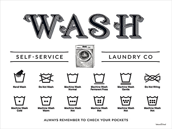 lettered & lined LET1460 - LET1460 - Wash Self-Service - 16x12 laundry symbols, washing instructions, self-service laundry, wash icons, hand wash, do not wash, machine wash, laundry guide, black and white illustration, typography art, vintage style from Penny Lane