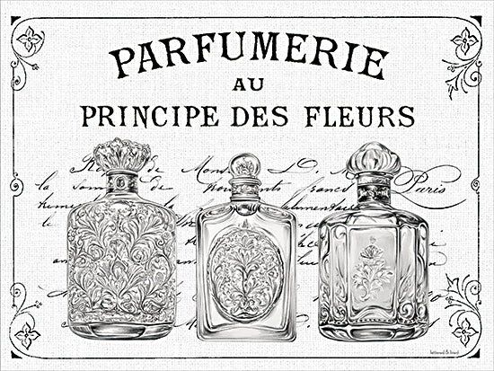 lettered & lined LET1466 - LET1466 - Principe des Fleurs - 16x12 vintage perfume bottles, French typography, Parisian apothecary, ornate glass bottles, floral engraving, antique advertisement, black and white illustration, botanical script background, Victorian design, shabby chic decor, decorative wall art, old world charm, neutral tones, classic French label, still life composition from Penny Lane