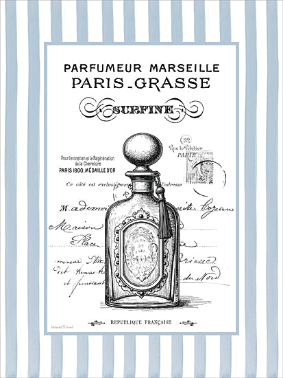 lettered & lined LET1476 - LET1476 - Parfumeur Surfine - 12x16 still life, backgrounds & patterns, typography, fashion, word art, perfume bottle, france, script, postage stamp, stripes, vintage, decorative, digital illustration, blue from Penny Lane