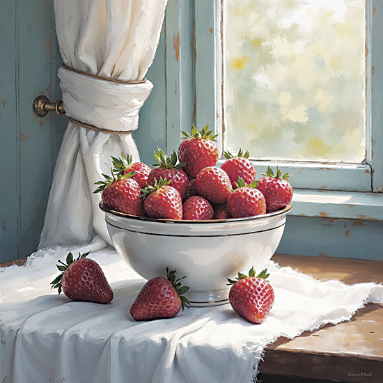 lettered & lined LET1567 - LET1567 - Bowl of Sun-Kissed Joy - 12x12 strawberries in bowl, fruit still life, kitchen decor, farmhouse window, rustic table setting, painterly brush strokes, fresh berries art, country home style from Penny Lane