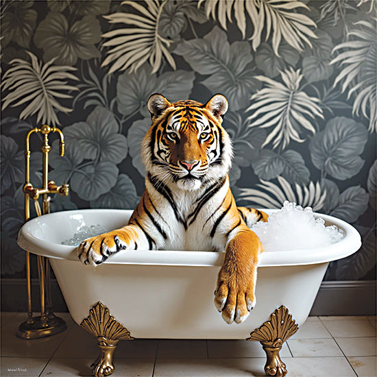 lettered & lined LET1570 - LET1570 - Squeaky Clean Stripes - 12x12 tiger in bathtub, humorous wildlife, clawfoot tub, bubbles, jungle wallpaper, exotic bathroom decor, whimsical animal art, orange and black stripes, luxury bath scene, playful safari theme from Penny Lane