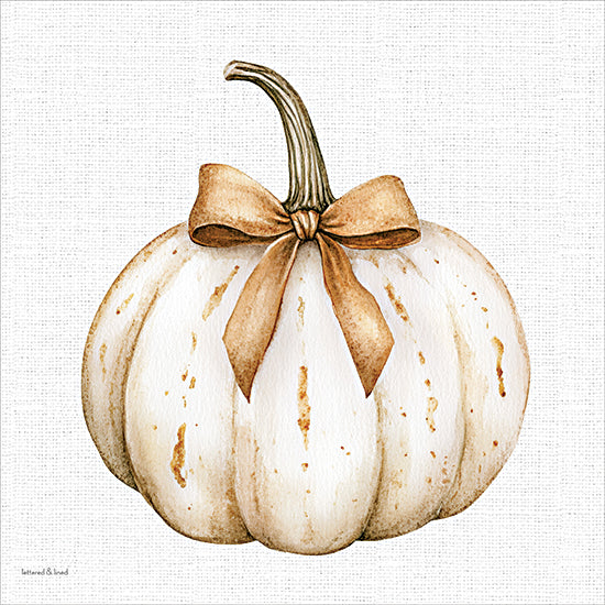 lettered & lined LET1606 - LET1606 - Autumn Bows 1 - 12x12 white pumpkin, fall harvest decor, rustic autumn, farmhouse style, pumpkin with bow, neutral fall palette, seasonal thanksgiving art, vintage botanical illustration, country home decor from Penny Lane