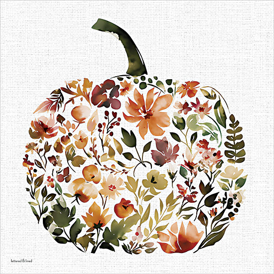 lettered & lined LET1621 - LET1621 - Pumpkin and Petals 2 - 12x12 green stem pumpkin watercolor, floral filled pumpkin, autumn botanical art, fall harvest decor, feminine seasonal illustration, cottage style wall art, nature inspired pumpkin design, soft earthy palette from Penny Lane