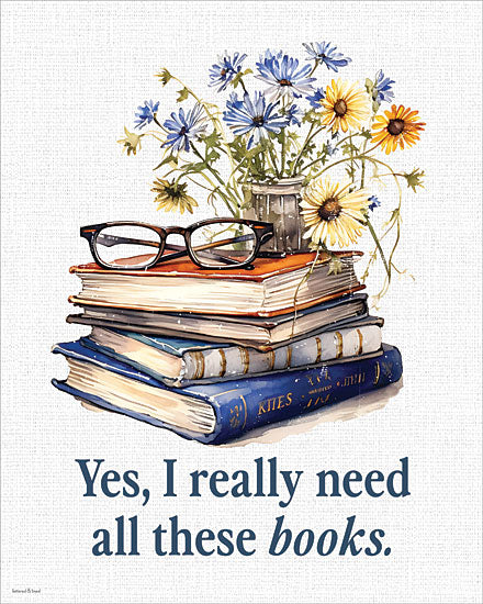 lettered & lined LET1704 - LET1704 - All These Books - 12x16 still life, hobbies & entertainment, botanical, typography, literature, floral, books, reading glasses, vase, daisies, cornflowers, whimsical, decorative, watercolor, multicolor from Penny Lane