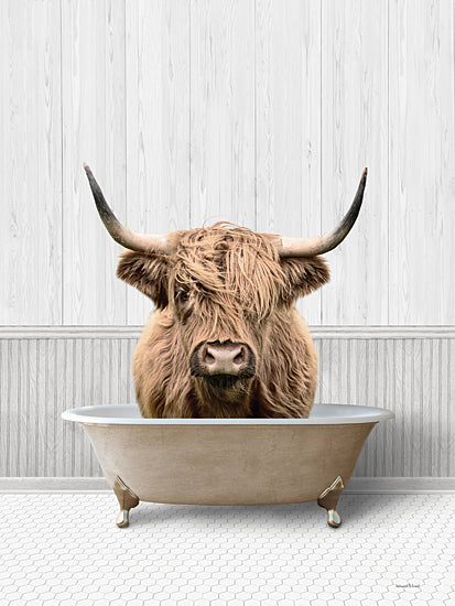 lettered & lined LET710 - LET710 - Bath Time Highland - 12x16 Highland cow in bathtub, funny cow, farmhouse bathroom, whimsical animal from Penny Lane