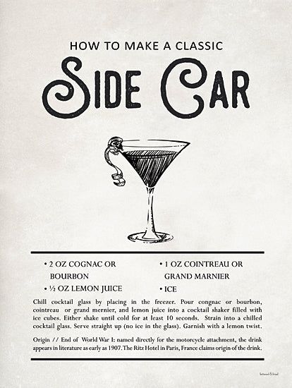 lettered & lined LET886 - LET886 - Side Car - 12x16 Sidecar cocktail, recipe, cognac, bourbon, lemon juice, Cointreau, Grand Marnier, classic cocktail, vintage bar art, mixology, alcohol, liquor, prohibition era drink, garnish lemon twist from Penny Lane