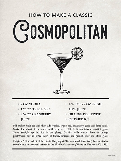 lettered & lined LET887 - LET887 - Cosmopolitan - 12x16 Cosmopolitan cocktail, recipe, vodka, triple sec, cranberry juice, lime juice, orange peel twist, mixology, bar art, vintage cocktail print, prohibition style, alcohol, martini glass from Penny Lane