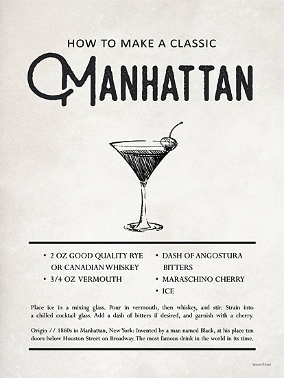 lettered & lined LET888 - LET888 - Manhattan - 12x16 Manhattan cocktail, recipe, rye whiskey, Canadian whiskey, vermouth, angostura bitters, maraschino cherry, mixology, vintage cocktail poster, bar decor, prohibition inspired, alcohol from Penny Lane