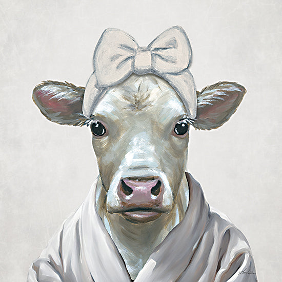 Lee Keller LK279 - LK279 - Millie's Spa Day - 12x12 cow portrait with bow bathrobe whimsical farm animal dressed character humorous animal painting soft neutral tones from Penny Lane