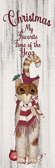 Linda Spivey LS1938 - LS1938 - Festive Feline - 12x36 Christmas kitten illustration, orange cat with red scarf, cardinal bird on tail, candy cane, holiday ornaments, Christmas typography, distressed white wood background, whimsical pet art, festive red and green palette, vertical holiday sign from Penny Lane