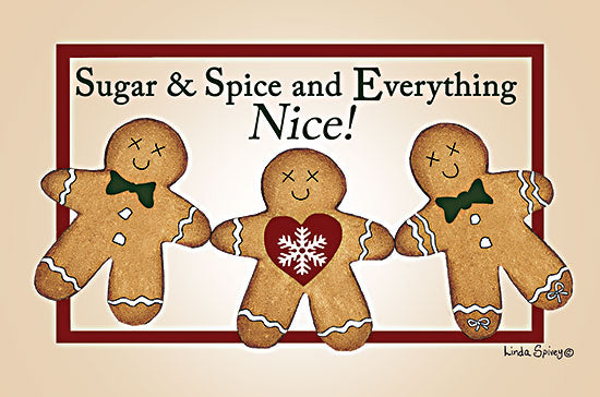 Linda Spivey LS1939 - LS1939 - Christmas Gingerbread Men - 18x12 gingerbread men Christmas art, sugar and spice quote, three cookies, red heart snowflake, green bows, holiday baking theme, warm beige background, festive kitchen decor, whimsical cookie illustration, red and green seasonal wall art from Penny Lane